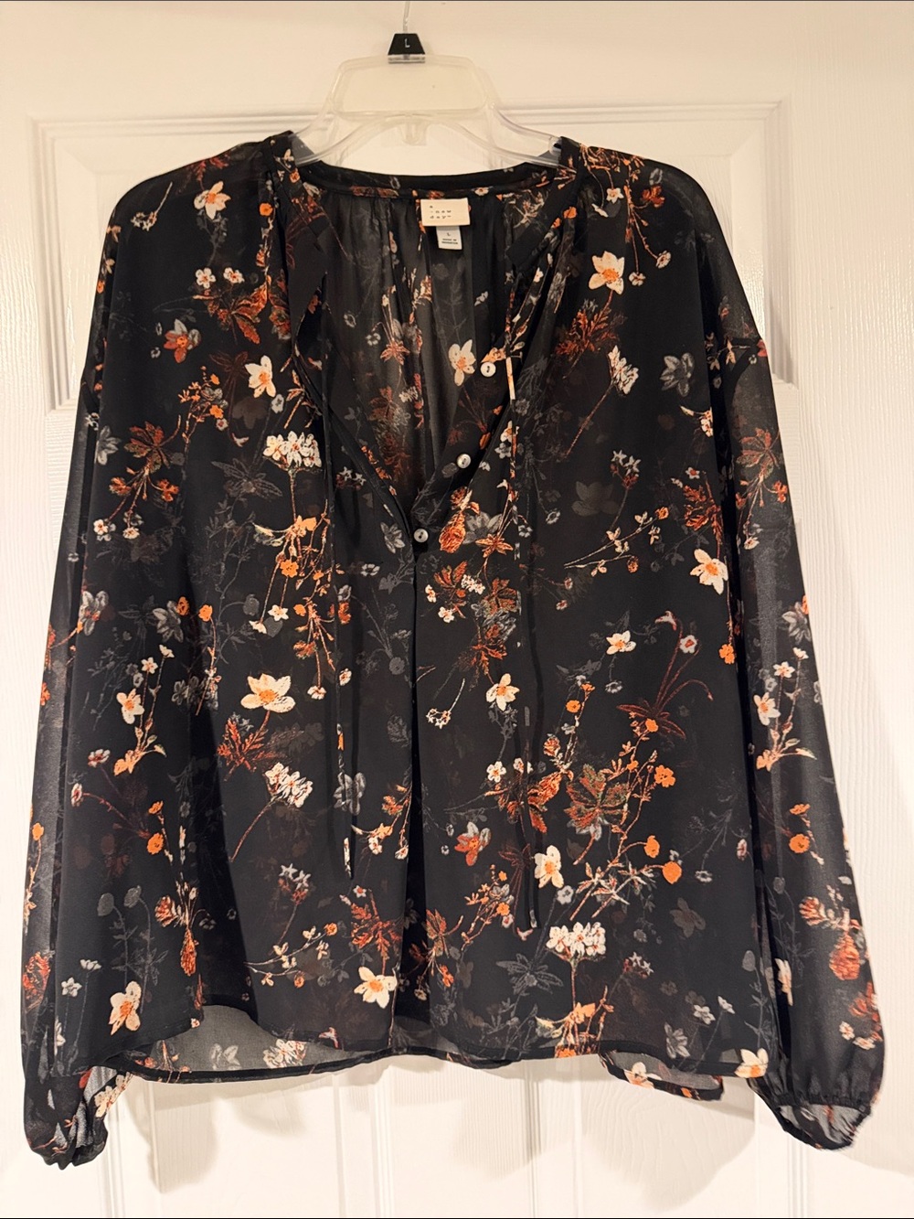 A New Day Sheer Black Floral V-Neck Blouse LG